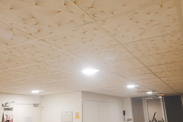 Faux plafond d'une salle de sport rénové avec dalles