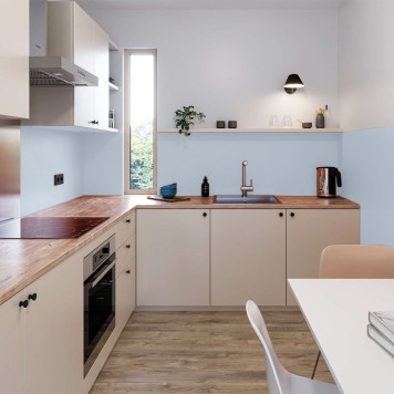 Réalisation cabinet médical avec Panneau mural décoratif intérieur PVC Satiné Bleu "Flint" Altro Whiterock Satins