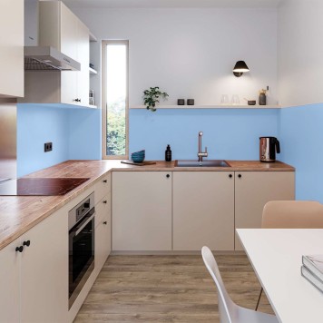 Réalisation cabinet médical avec Panneau mural décoratif intérieur PVC Satiné Bleu "Flint" Altro Whiterock Satins