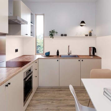 Réalisation crédence cuisine avec Panneau mural décoratif intérieur PVC Satiné Beige "Blossom" Altro Whiterock Satins