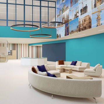 Réalisation paroi salle de bain avec Panneau mural décoratif intérieur PVC Satiné Bleu Jade "Vibrance" Altro Whiterock Satins
