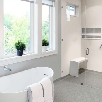 Réalisation parois de douche avec Panneau mural décoratif intérieur PVC Satiné Beige Clair "Linen" Altro Whiterock Satins