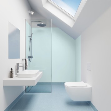 Réalisation paroi salle de bain avec Panneau mural décoratif intérieur PVC Satiné Bleu Jade "Mint" Altro Whiterock Satins