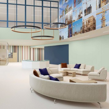 Réalisation hall d'accueil avec Panneau mural décoratif intérieur PVC Satiné Vert "Serenity" Altro Whiterock Satins