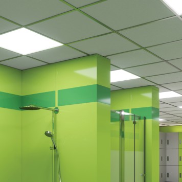 Réalisation douches vestiaire avec Réalisation boutique avec panneau mural décoratif brillant vert "Hawaiian Palm" Altro Whiterock Chameleon et vert "key lime"
