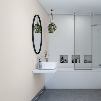 Réalisation paroi salle de bain avec Panneau mural décoratif intérieur PVC Satiné Beige Gris "Silk" Altro Whiterock Satins