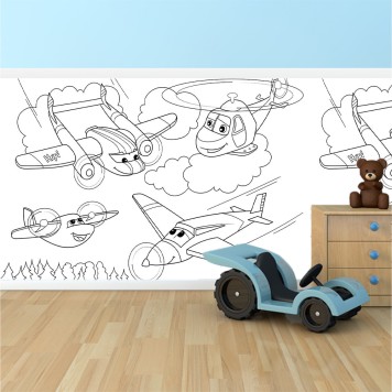 Panneau mural PVC fresque murale à colorier effaçable à sec Motif Planes Avions pour enfants bas de mur chambre