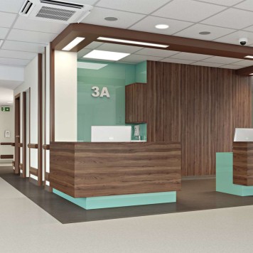 Réalisation réception hôpital avec panneau mural décoratif brillant Vert Jade "Sheer Glass" Altro Whiterock Chameleon