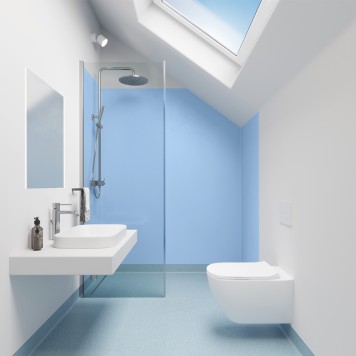 Réalisation hall d'accueil avec Panneau mural décoratif intérieur PVC Satiné Bleu "Flint" Altro Whiterock Satins