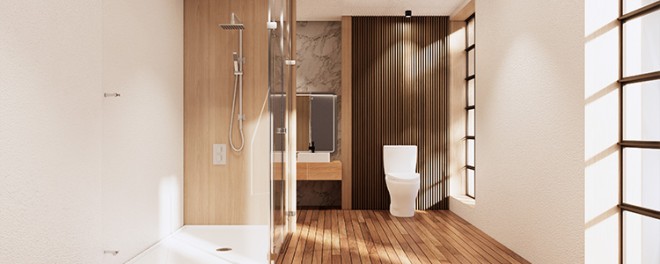 douche avec plaques en simili bois