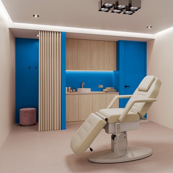 Réalisation cabinet médical avec Panneau mural décoratif intérieur PVC Satiné Bleu "Ozone" Altro Whiterock Satins