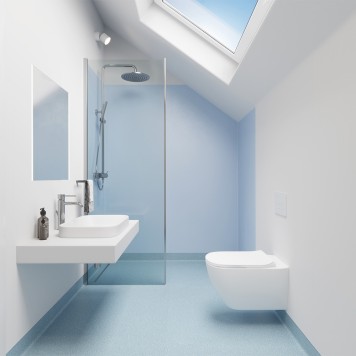 Réalisation paroi salle de bain avec Panneau mural décoratif intérieur PVC Satiné Bleu Draguée "Clarity" Altro Whiterock Satins