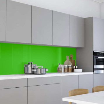 Réalisation crédence cuisine avec panneau mural décoratif brillant vert "Hawaiian Palm" Altro Whiterock Chameleon