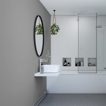 Réalisation paroi salle de bain avec Panneau mural décoratif intérieur PVC Satiné Gris "Urban" Altro Whiterock Satins