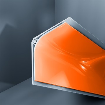 Congé d'angle interne PVC orange juicy lucy 30 mm x 30 mm en 2 parties Altro pour habillage angle panneaux muraux épaisseur 2,5 mm