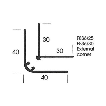 Baguette d'angle externe (sortant) PVC bleu twilight 40 mm x 40 mm en 2 parties ALTRO pour panneaux muraux épaisseur 2,5 mm - Plan Section
