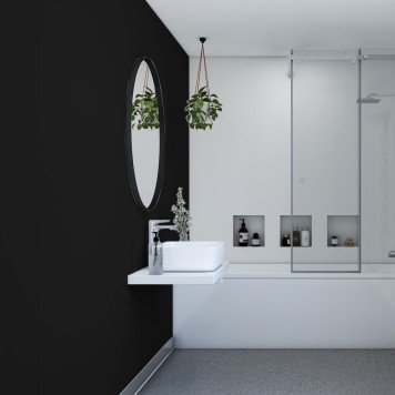 Réalisation paroi salle de bain avec Panneau mural décoratif intérieur PVC Satiné Noir "Dakota" Altro Whiterock Satins