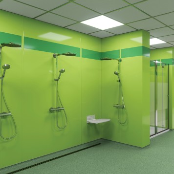 Réalisation vestiaire et douches avec Panneau mural décoratif brillant vert Altro Whiterock Chameleon "Key Lime"