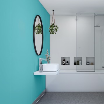 Réalisation crédence cuisine avec Panneau mural décoratif intérieur PVC Satiné Bleu Jade "Vibrance" Altro Whiterock Satins
