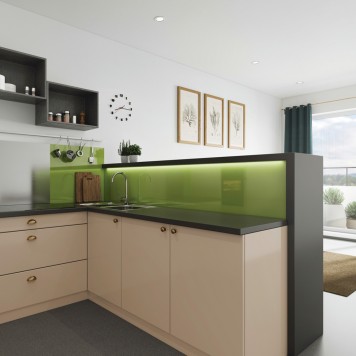 Crédence cuisine réalisée avec avec panneau mural décoratif brillant vert Altro Whiterock Chameleon "Key Lime"