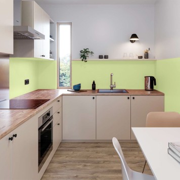 Réalisation crédence cuisine avec Panneau mural décoratif intérieur PVC Satiné Vert "Orchard" Altro Whiterock Satins