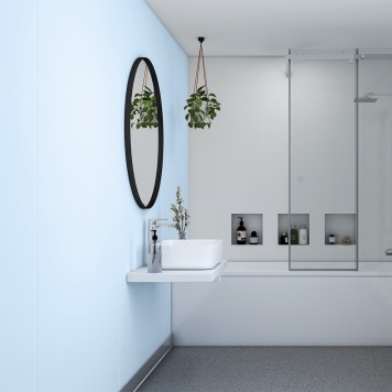 Réalisation hall d'accueil avec Panneau mural décoratif intérieur PVC Satiné Bleu Draguée "Clarity" Altro Whiterock Satins