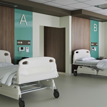 Réalisation chambre d'hôpital avec panneau mural décoratif brillant Vert Jade "Sheer Glass" Altro Whiterock Chameleon